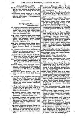 Verend John Lovell Robinson,' B.A., Has Mclnnis, from the 21St Hussars, to Be Lieu- This Day Been Appointed a Chaplain in Her Tenant, Vice A