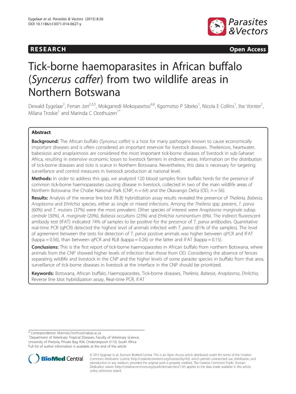 Tick-Borne Haemoparasites in African Buffalo (Syncerus Caffer) from Two