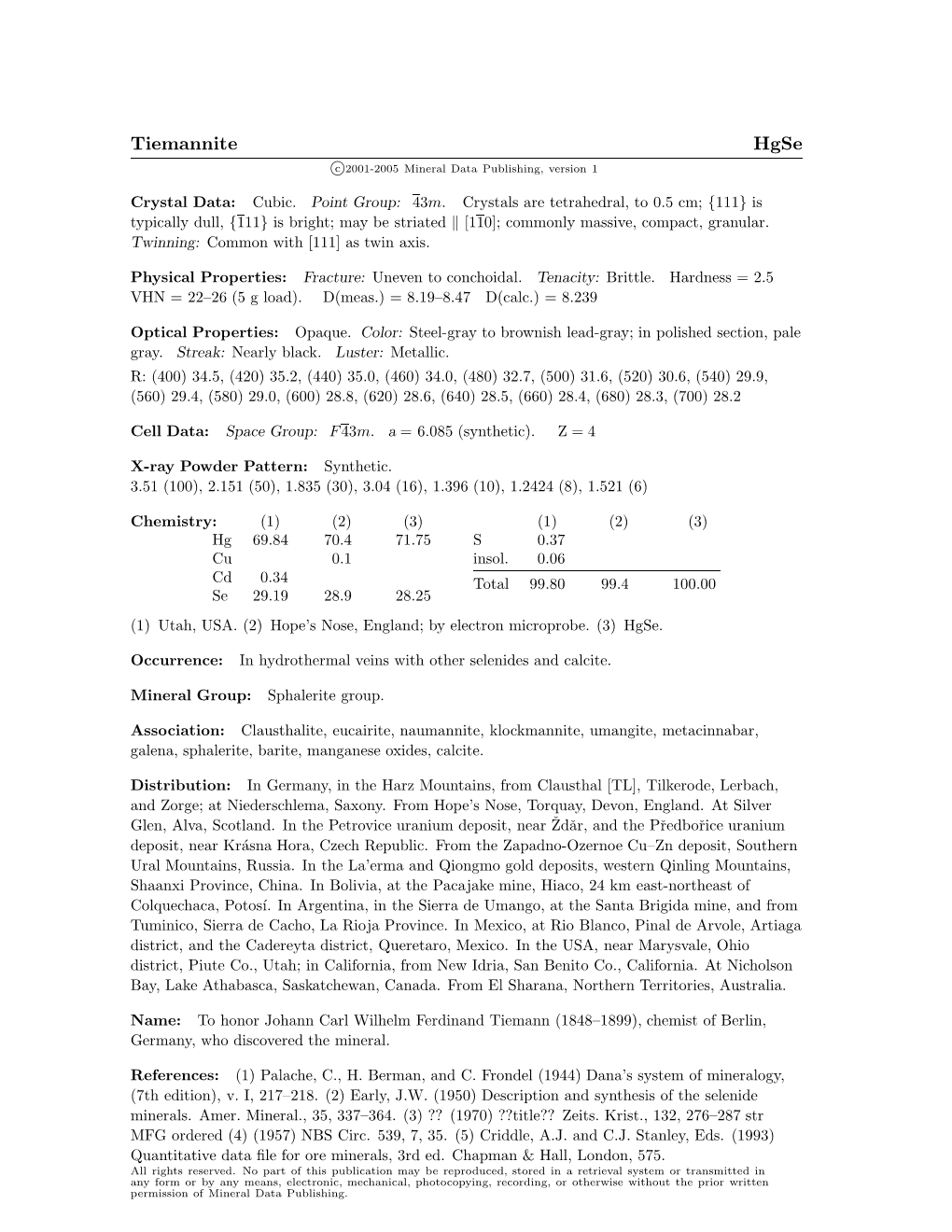 Tiemannite Hgse C 2001-2005 Mineral Data Publishing, Version 1