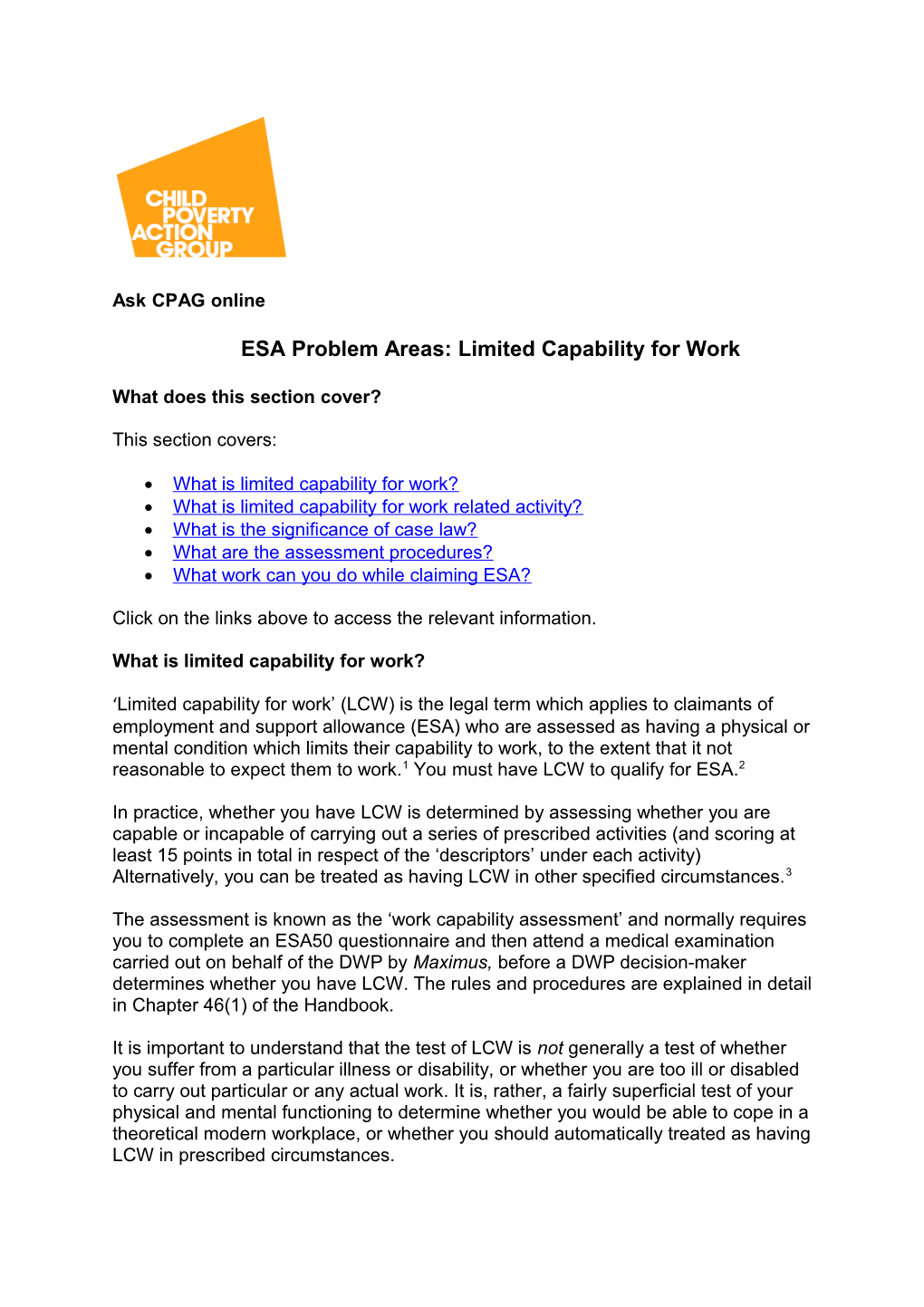 ESA Problem Areas: Limited Capability for Work