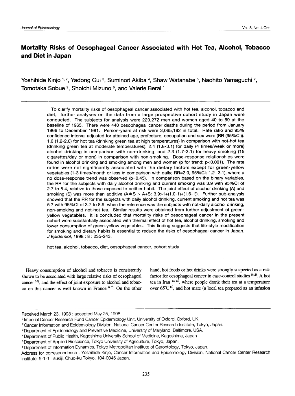 Mortality Risks of Oesophageal Cancer Associated with Hot Tea, Alcohol, Tobacco and Diet in Japan