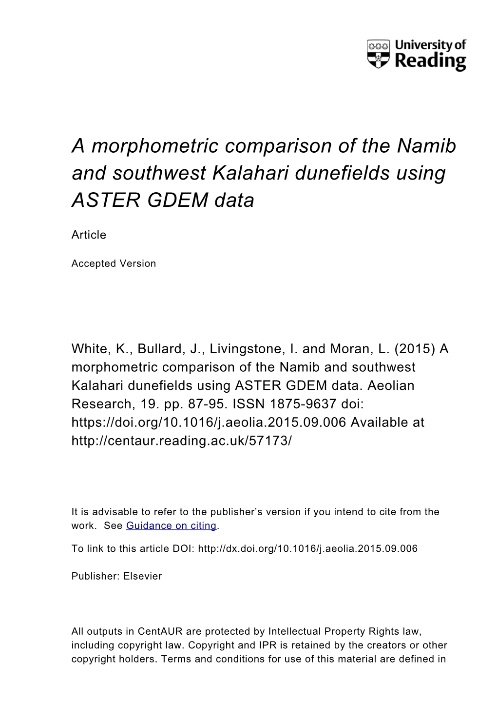 A Morphometric Comparison of the Namib and Southwest Kalahari Dunefields Using ASTER GDEM Data