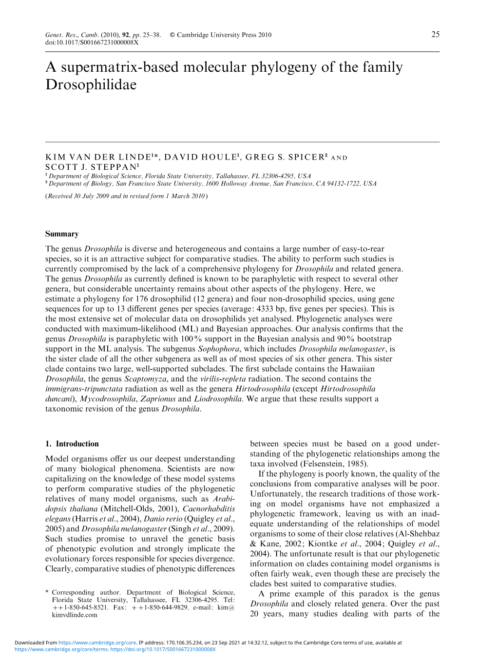 A Supermatrix-Based Molecular Phylogeny of the Family Drosophilidae