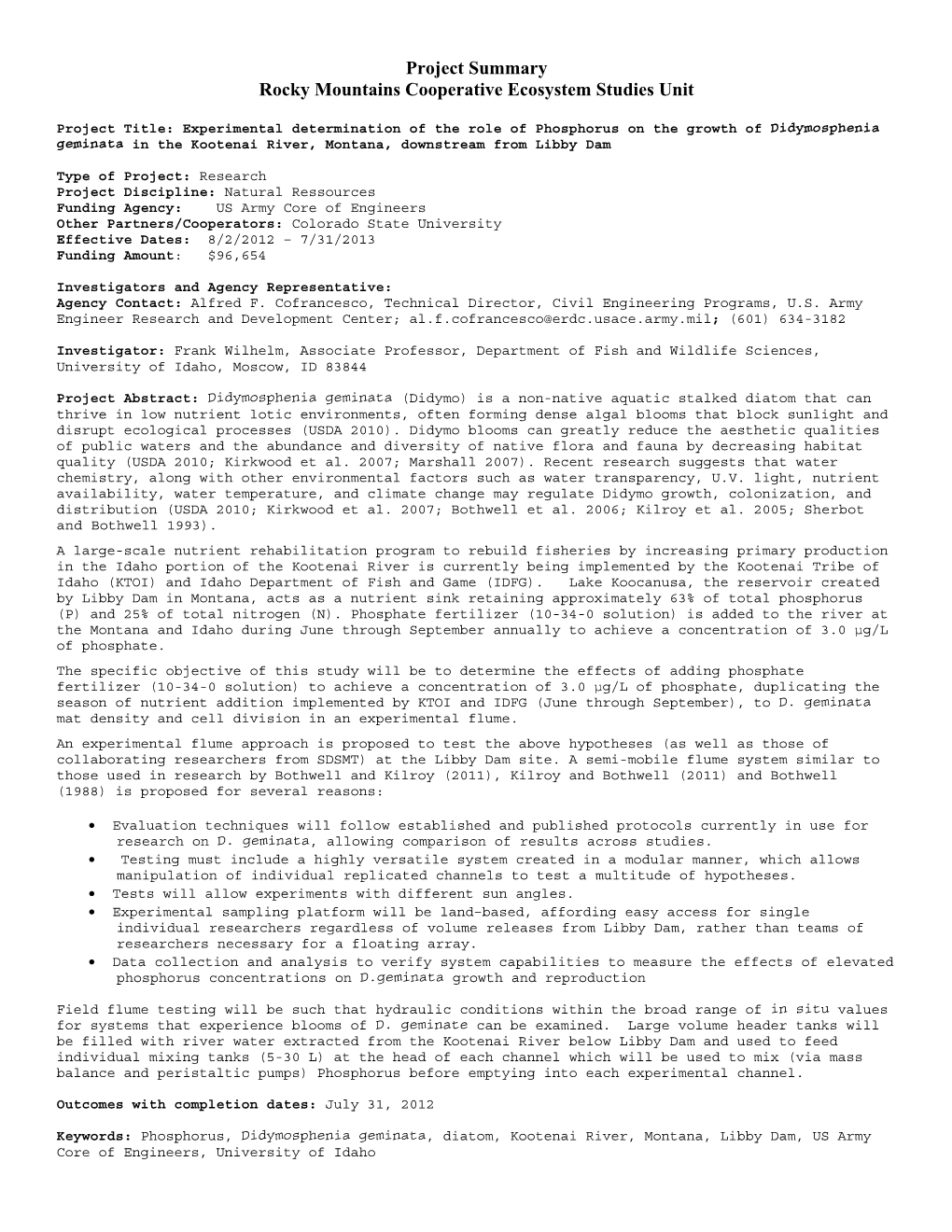 Project Summary Rocky Mountains Cooperative Ecosystem Studies Unit