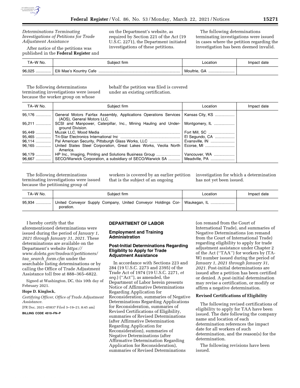 Federal Register/Vol. 86, No. 53/Monday, March 22, 2021/Notices