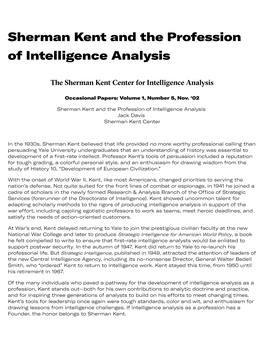 Sherman Kent and the Profession of Intelligence Analysis