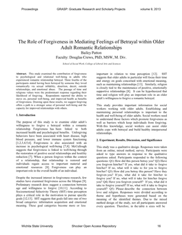 The Role of Forgiveness in Mediating Feelings of Betrayal Within Older Adult Romantic Relationships Bailey Patton Faculty: Douglas Crews, Phd, MSW, M