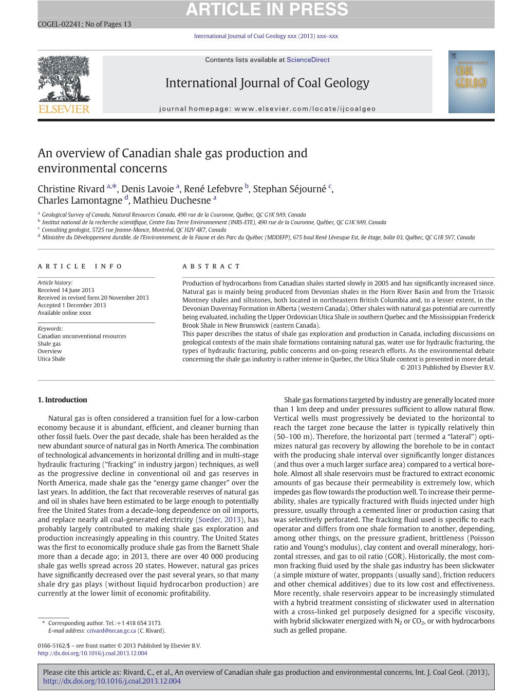 Overview of Canadian Shale Gas Production Rivard IJCG 2014