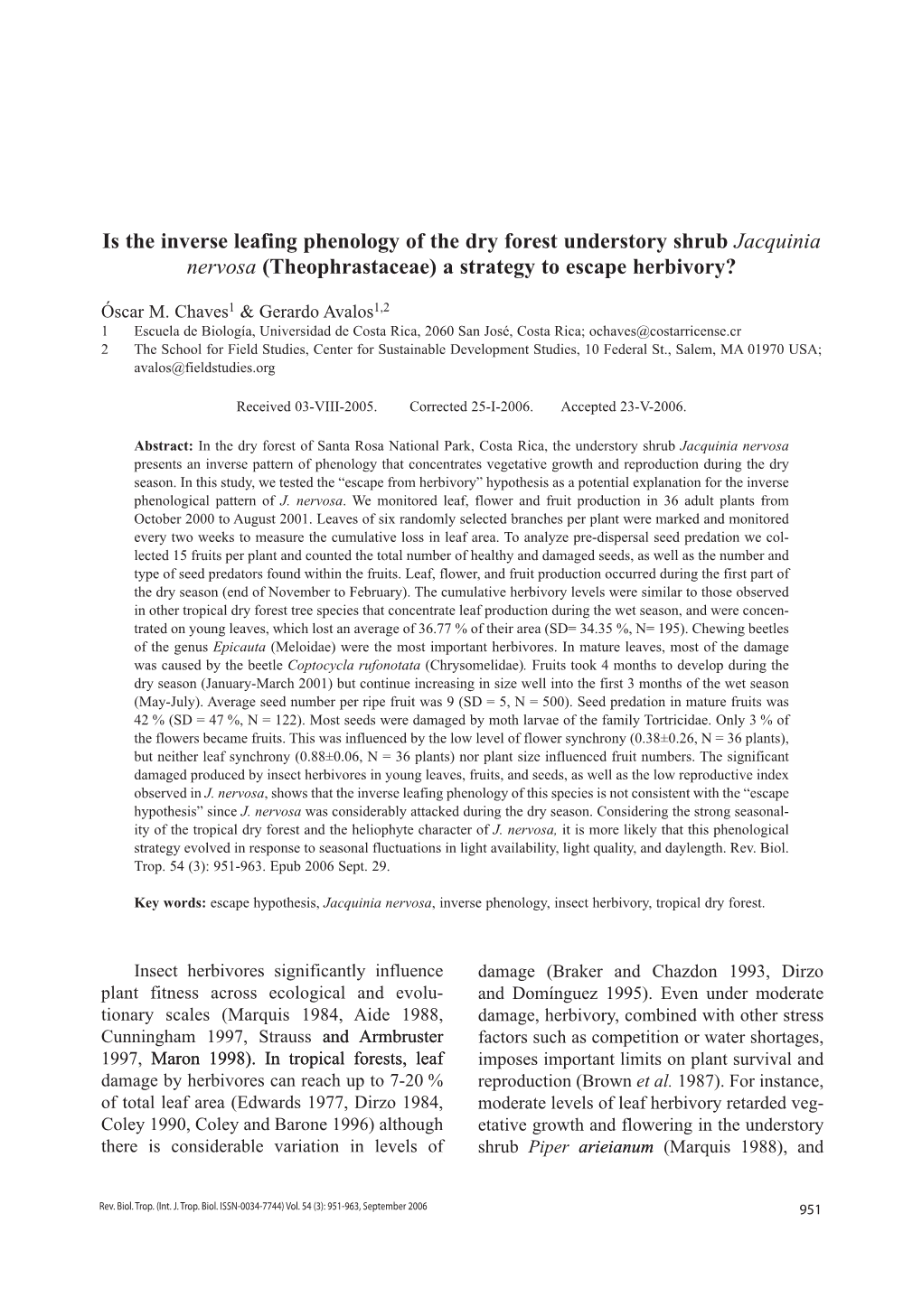 Is the Inverse Leafing Phenology of the Dry Forest Understory Shrub Jacquinia Nervosa (Theophrastaceae) a Strategy to Escape Herbivory?