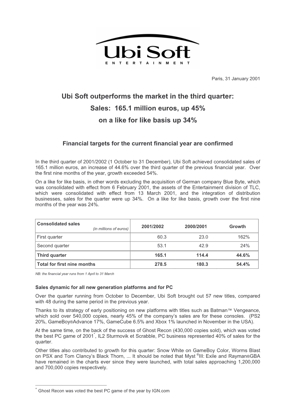 Ubi Soft Outperforms the Market in the Third Quarter: Sales: 165.1 Million Euros, up 45% on a Like for Like Basis up 34%