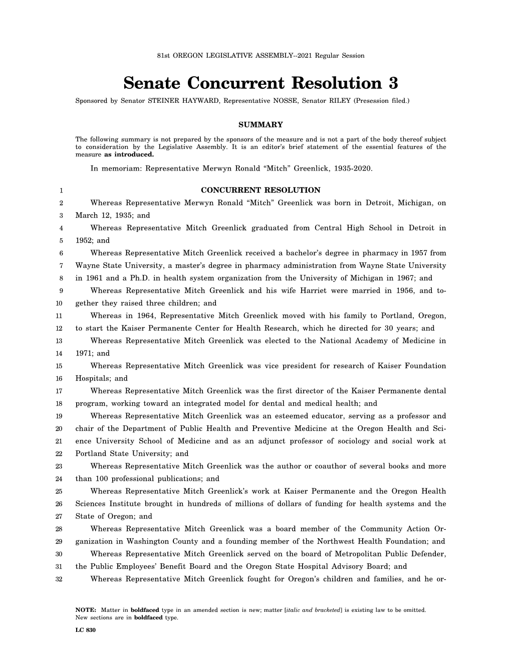 Senate Concurrent Resolution 3 Sponsored by Senator STEINER HAYWARD, Representative NOSSE, Senator RILEY (Presession Filed.)