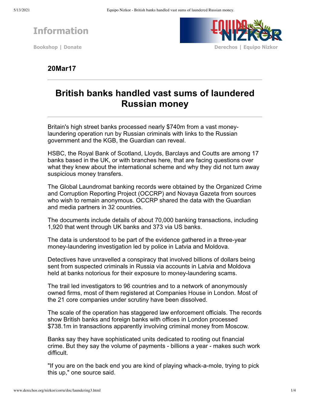 Information British Banks Handled Vast Sums of Laundered Russian