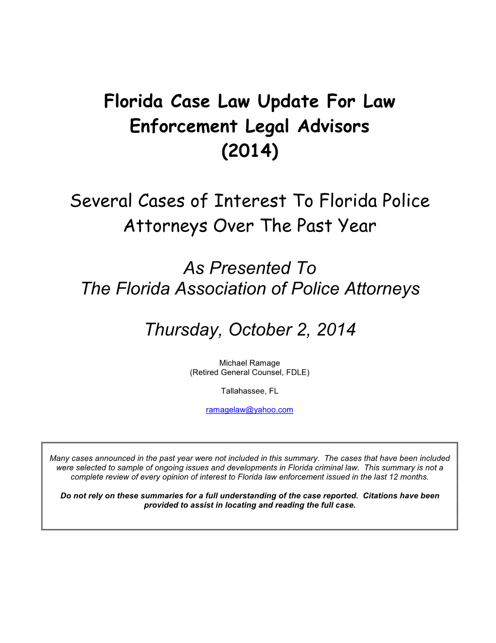 (2014) Several Cases of Interest to Florida Police Attorneys Over