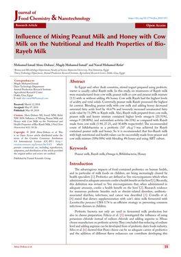 Influence of Mixing Peanut Milk and Honey with Cow Milk on the Nutritional and Health Properties of Bio- Rayeb Milk