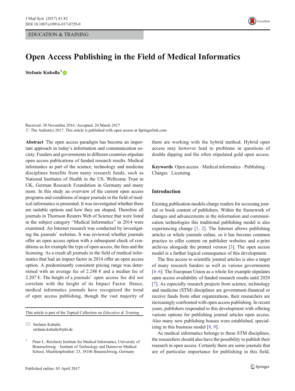 Open Access Publishing in the Field of Medical Informatics