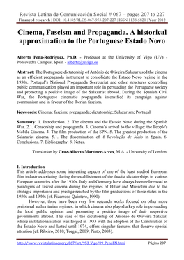 Cinema, Fascism and Propaganda. a Historical Approximation to the Portuguese Estado Novo