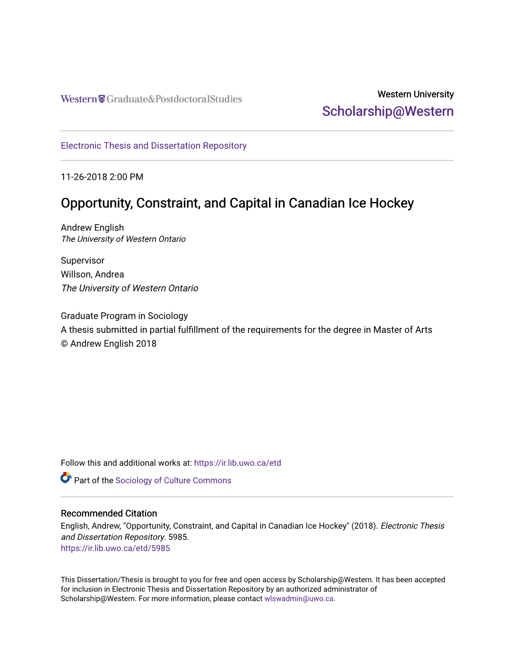 Opportunity, Constraint, and Capital in Canadian Ice Hockey