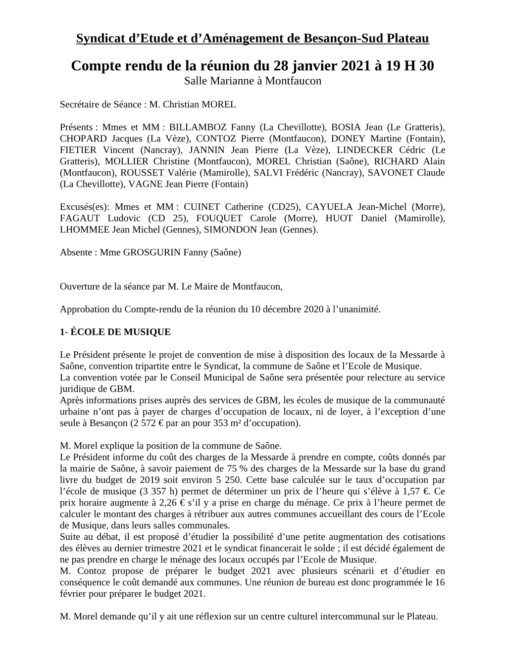 Compte Rendu De La Réunion Du 28 Janvier 2021 À 19 H 30 Salle Marianne À Montfaucon