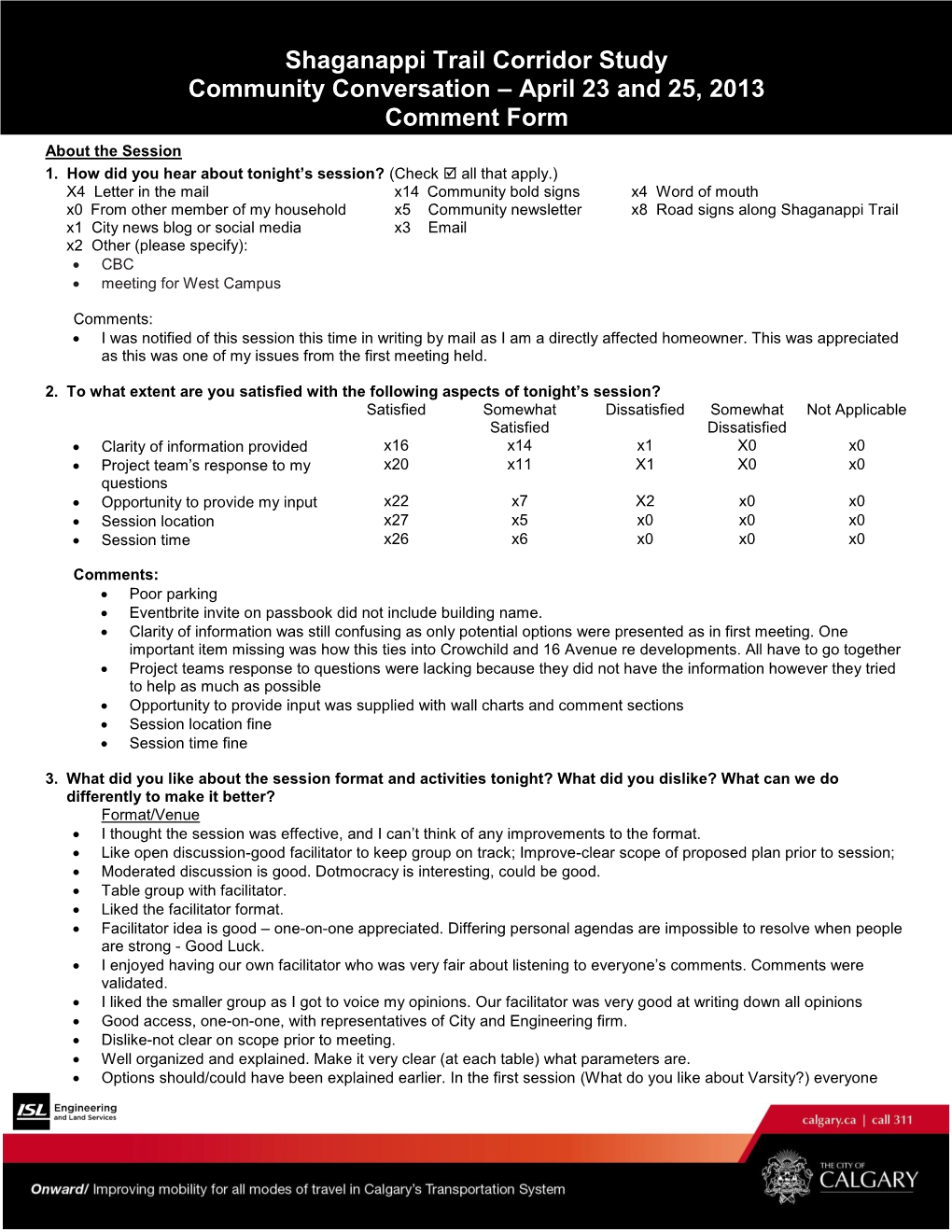 Shaganappi Trail Corridor Study Community Conversation – April 23 and 25, 2013 Comment Form