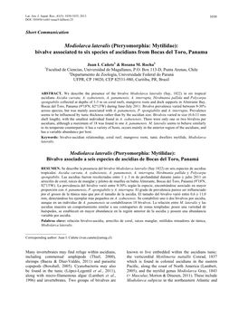 Modiolarca Lateralis (Pteryomorphia: Mytilidae): Bivalve Associated to Six Species of Ascidians from Bocas Del Toro, Panama