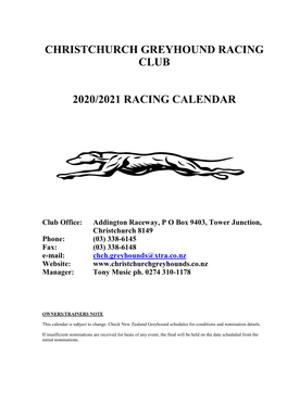 2020/2021 Racing Calendar