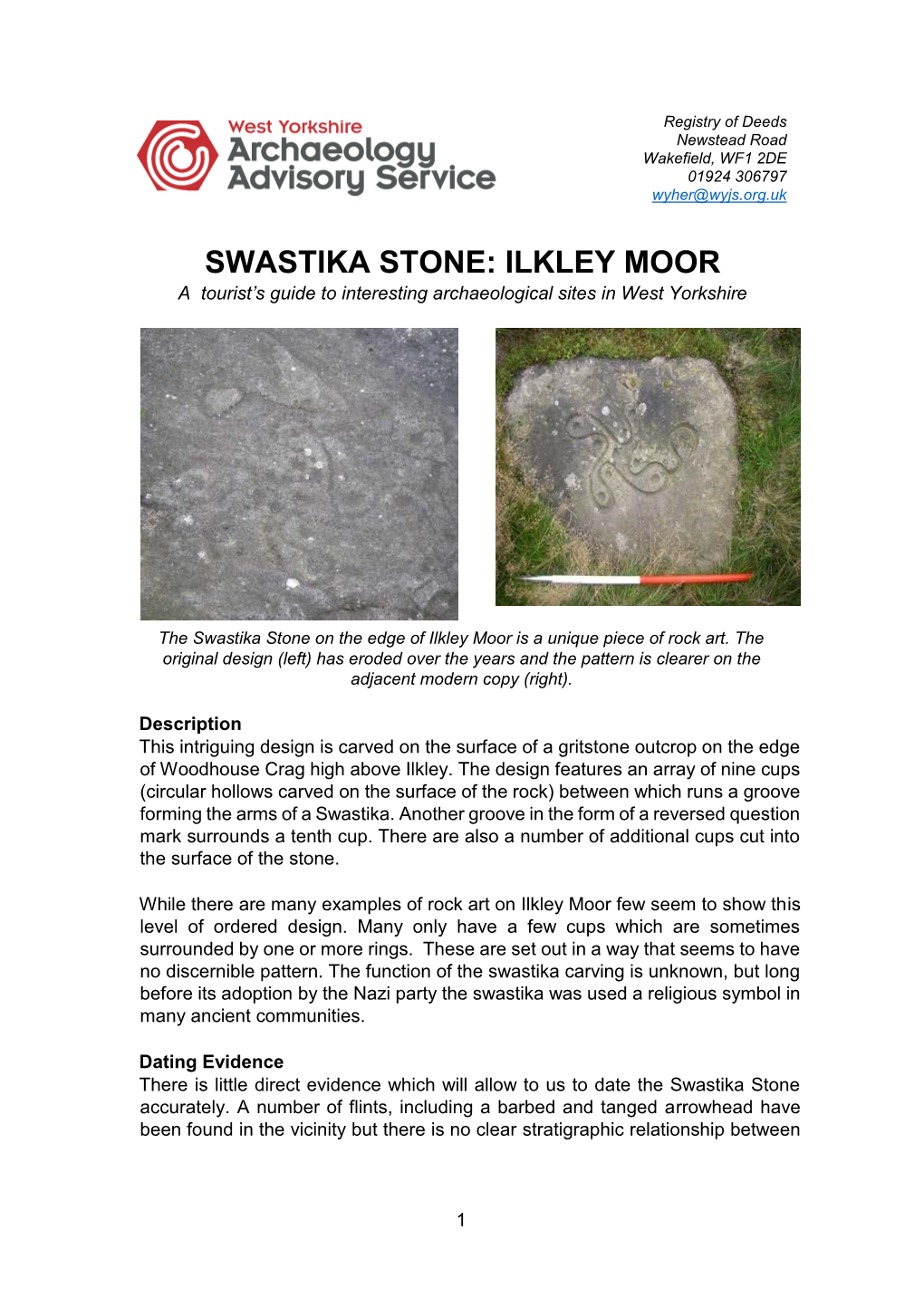 SWASTIKA STONE: ILKLEY MOOR a Tourist’S Guide to Interesting Archaeological Sites in West Yorkshire