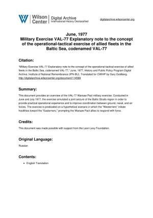 June, 1977 Military Exercise VAL-77 Explanatory Note to the Concept of the Operational-Tactical Exercise of Allied Fleets in the Baltic Sea, Codenamed VAL-77