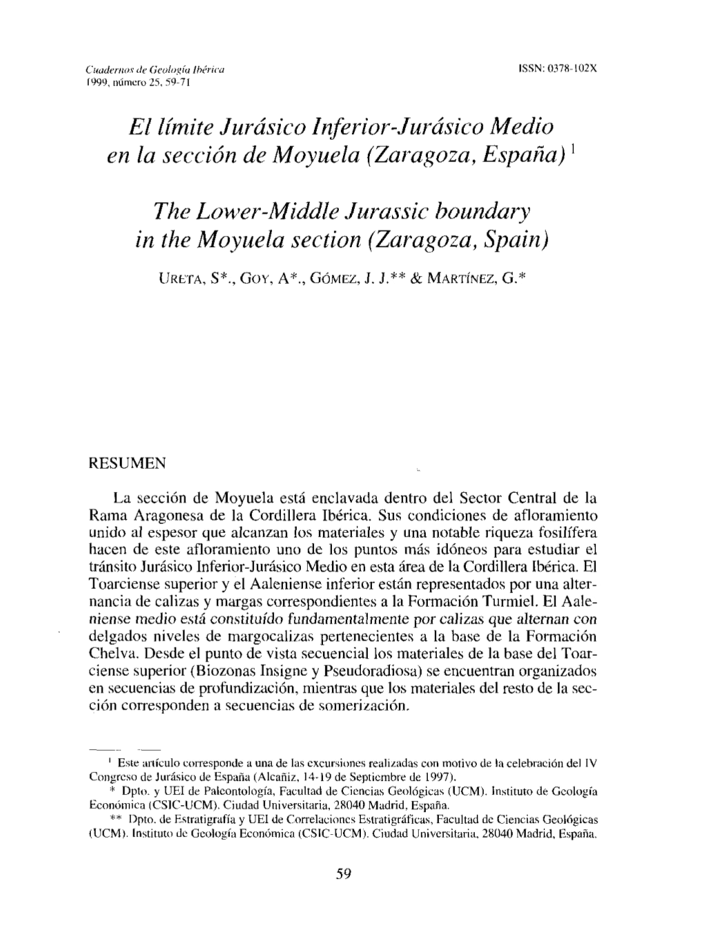 El Límite Jurásico Inferior-Jurásico Medio En La Sección De Moyuela (Zaragoza, España) ¡