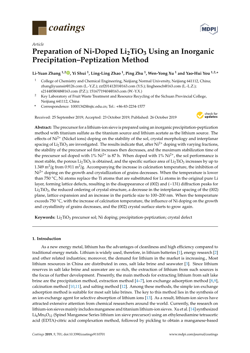 Preparation of Ni-Doped Li2tio3 Using an Inorganic Precipitation–Peptization Method