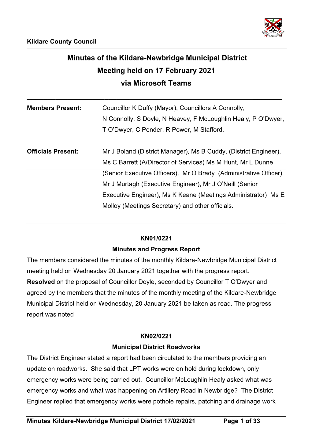 Minutes for Kildare-Newbridge Municipal District Meeting on 17