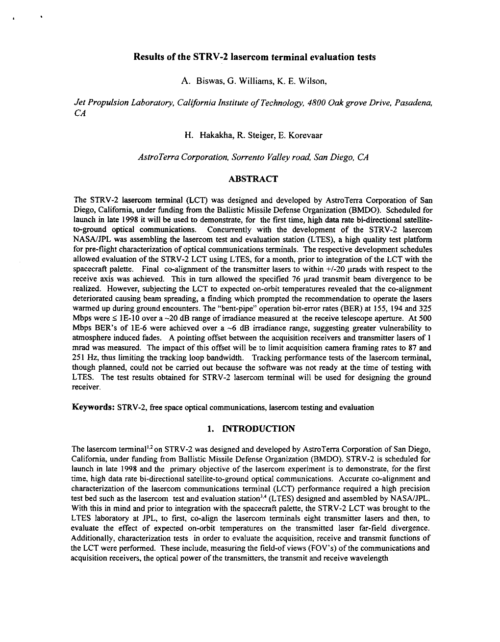 Results of the STRV-2 Lasercom Terminal Evaluation Tests Jet