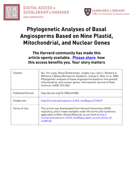 Phylogenetic Analyses of Basal Angiosperms Based on Nine Plastid, Mitochondrial, and Nuclear Genes