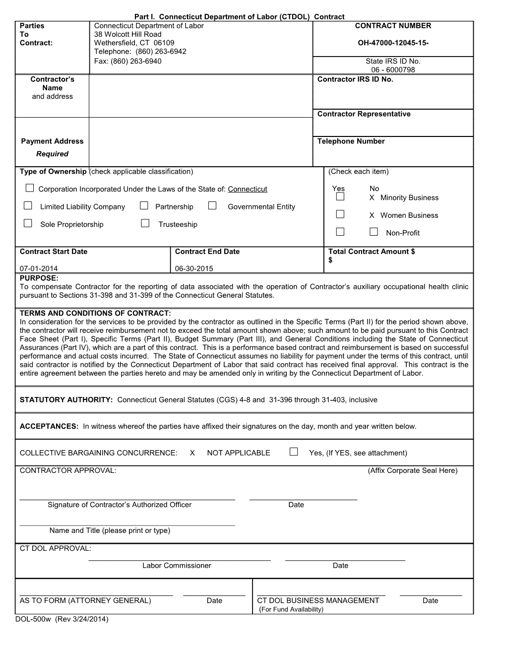 Part I. Connecticut Department of Labor (CTDOL) Contract