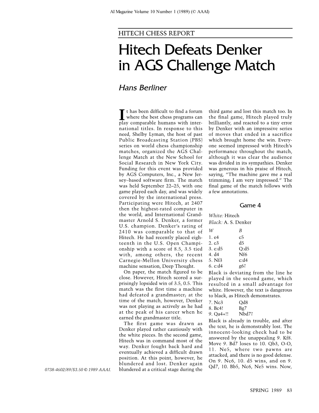 Hitech Defeats Denker in AGS Challenge Match