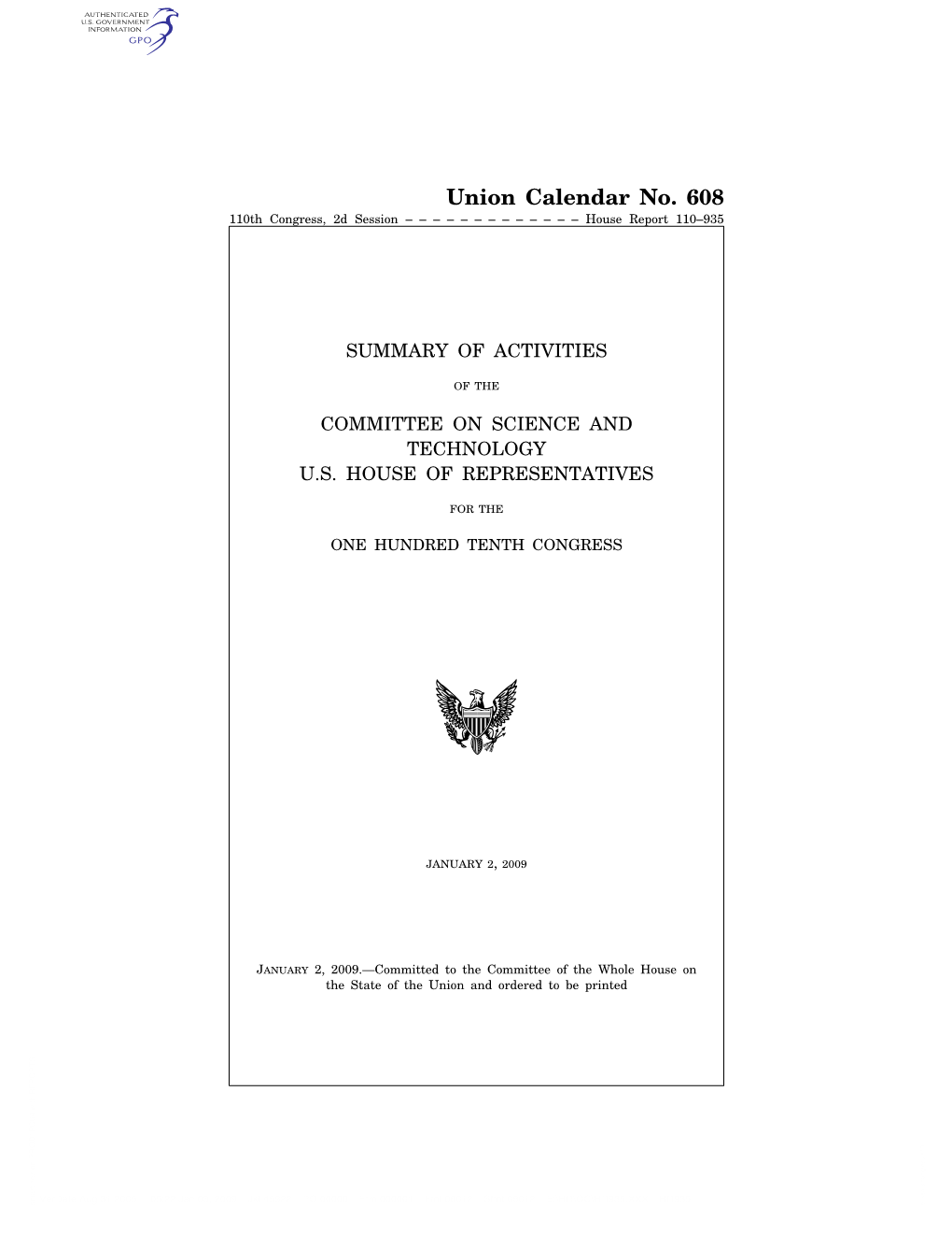 Union Calendar No. 608 110Th Congress, 2D Session ––––––––––––– House Report 110–935