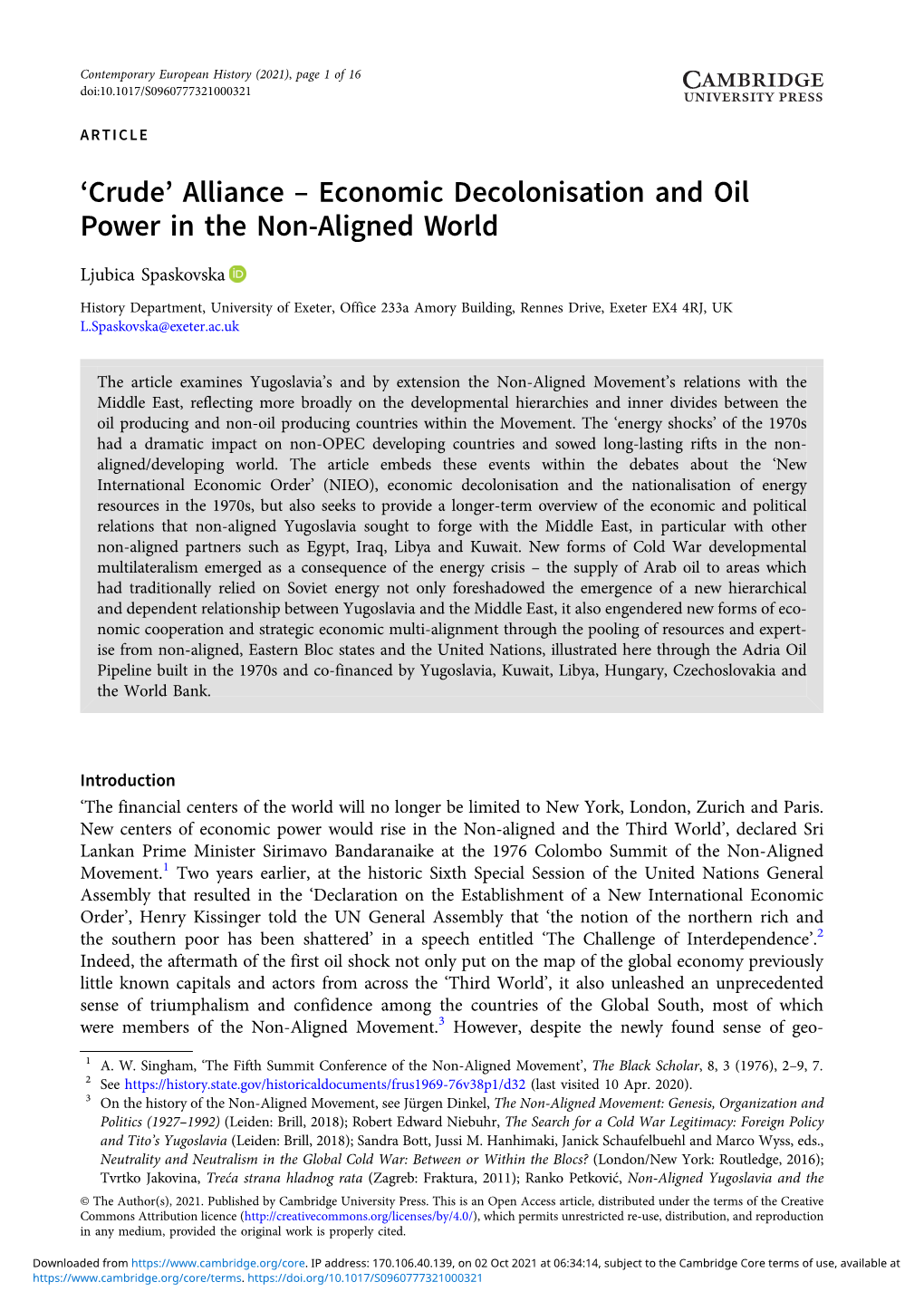 'Crude' Alliance – Economic Decolonisation and Oil Power in the Non-Aligned World