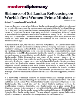 Sirimavo of Sri Lanka: Refocusing on World's First Women Prime Minister