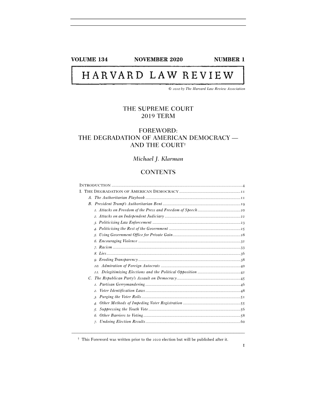 Foreword: the Degradation of American Democracy—And the Court