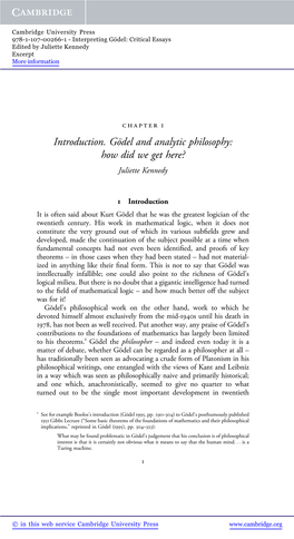 Introduction. Gödel and Analytic Philosophy: How Did We Get Here? Juliette Kennedy
