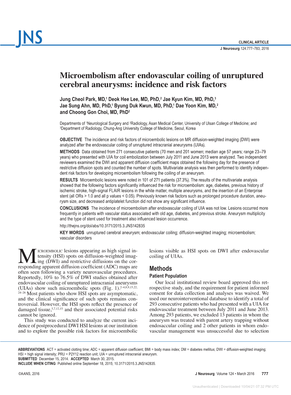 Microembolism After Endovascular Coiling of Unruptured Cerebral Aneurysms: Incidence and Risk Factors