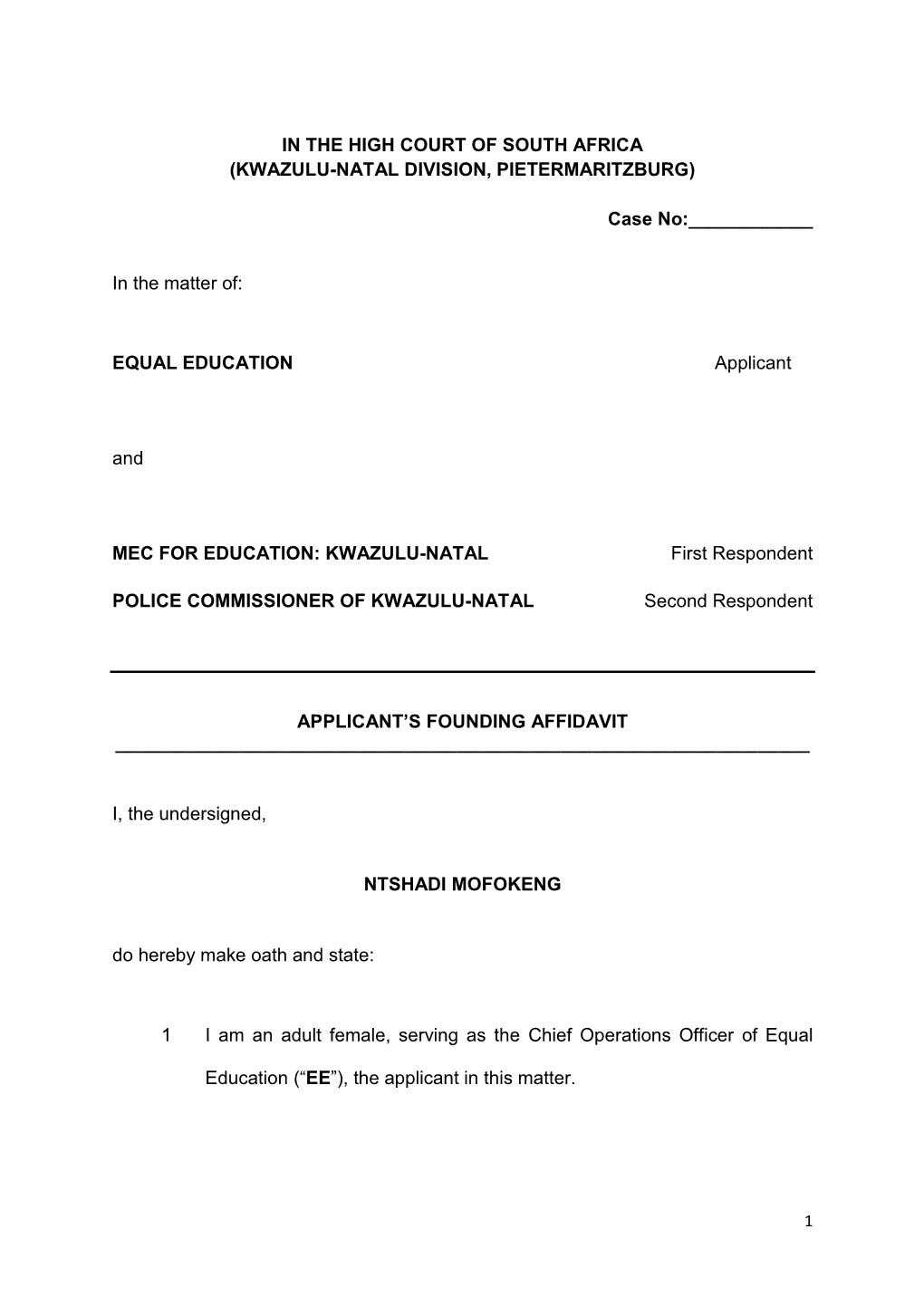 Equal Education Founding Affidavit of N. Mofokeng