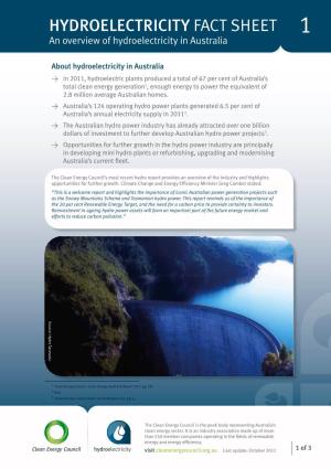 HYDROELECTRICITY FACT SHEET 1 an Overview of Hydroelectricity in Australia