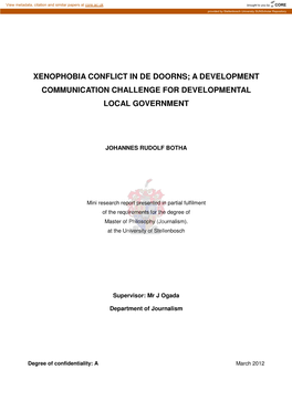 Xenophobia Conflict in De Doorns; a Development Communication Challenge for Developmental Local Government