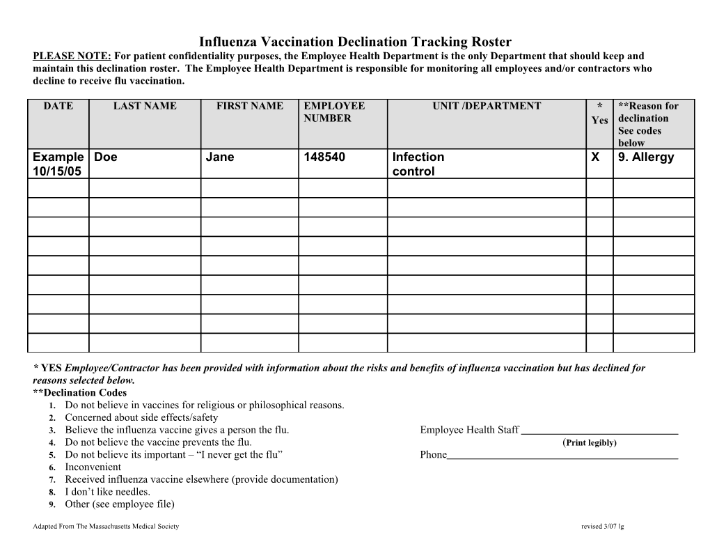 Vaccination Declination Tracking Form
