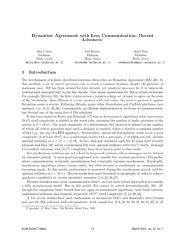 Byzantine Agreement with Less Communication: Recent Advances 1