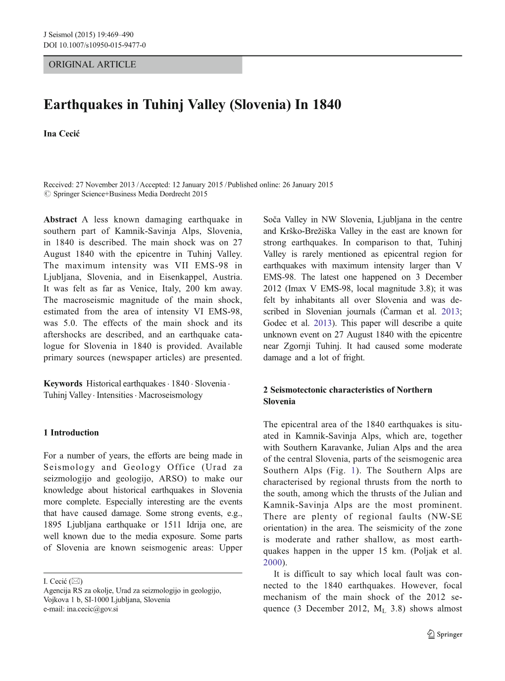 Earthquakes in Tuhinj Valley (Slovenia) in 1840