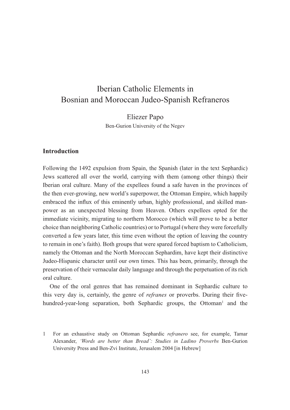 Iberian Catholic Elements in Bosnian and Moroccan Judeo-Spanish Refraneros