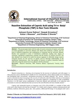 Reactive Extraction of Caproic Acid Using Tri-N- Butyl Phosphate (TBP) in Non Toxic Diluents