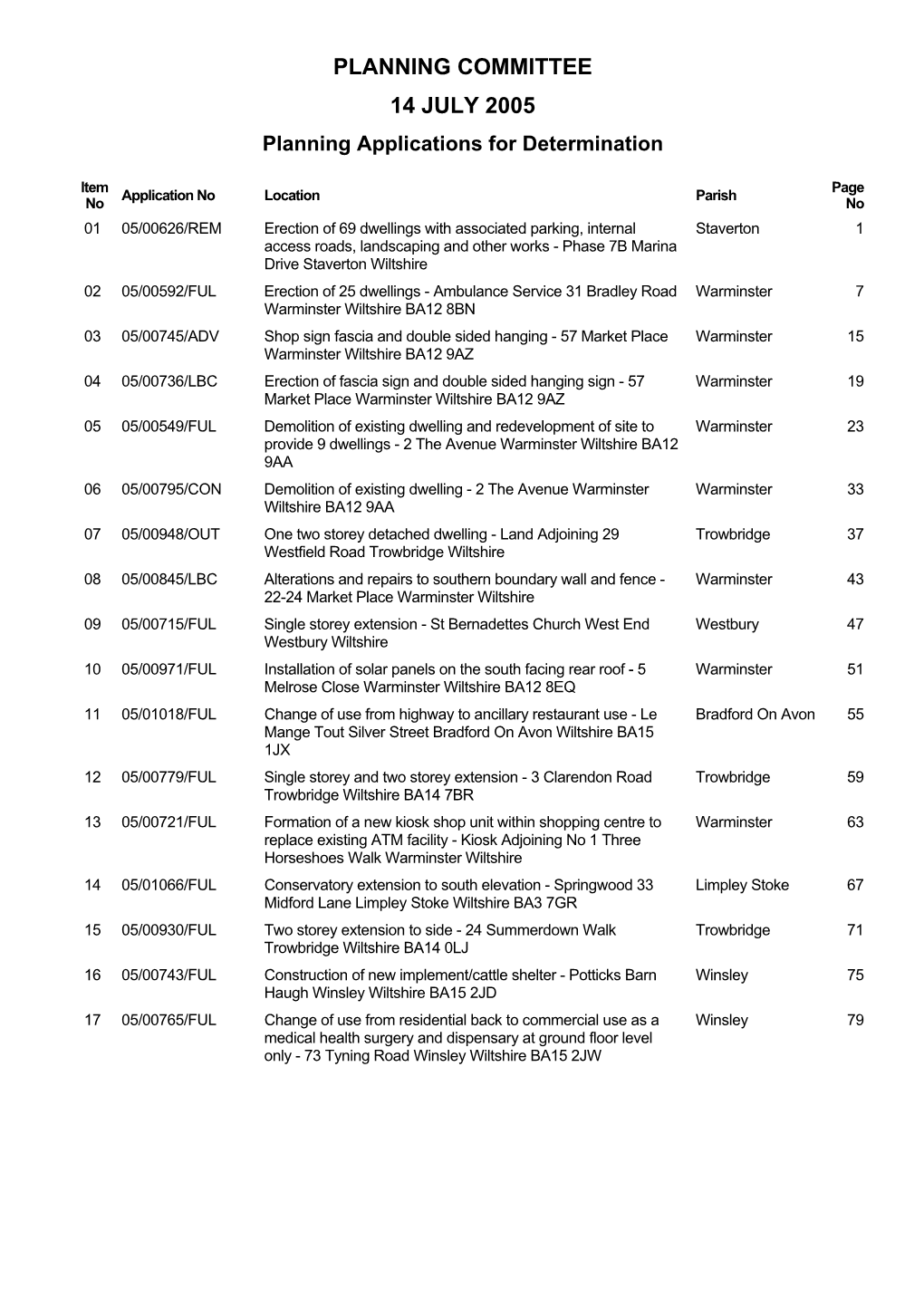 PLANNING COMMITTEE 14 JULY 2005 Planning Applications for Determination