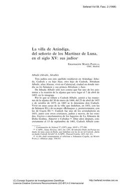 La Villa De Arándiga, Del Señorío De Los Martínez De Luna, En El Siglo XV: Sus Judíos*